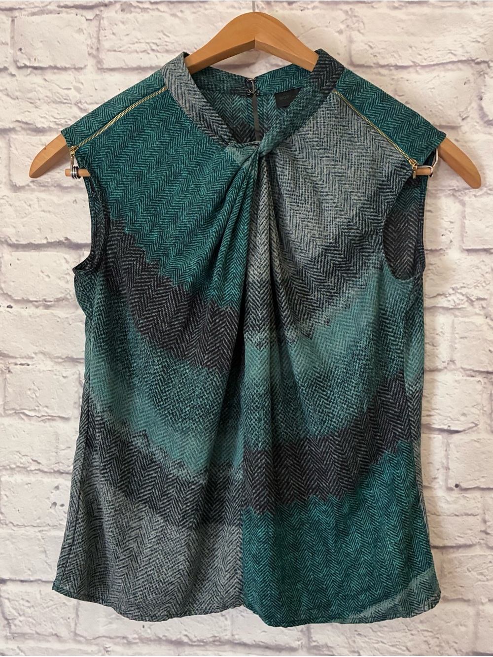 Worthington Women's Teal Gray Black Herringbone Mock Neck Knit Blouse - Large